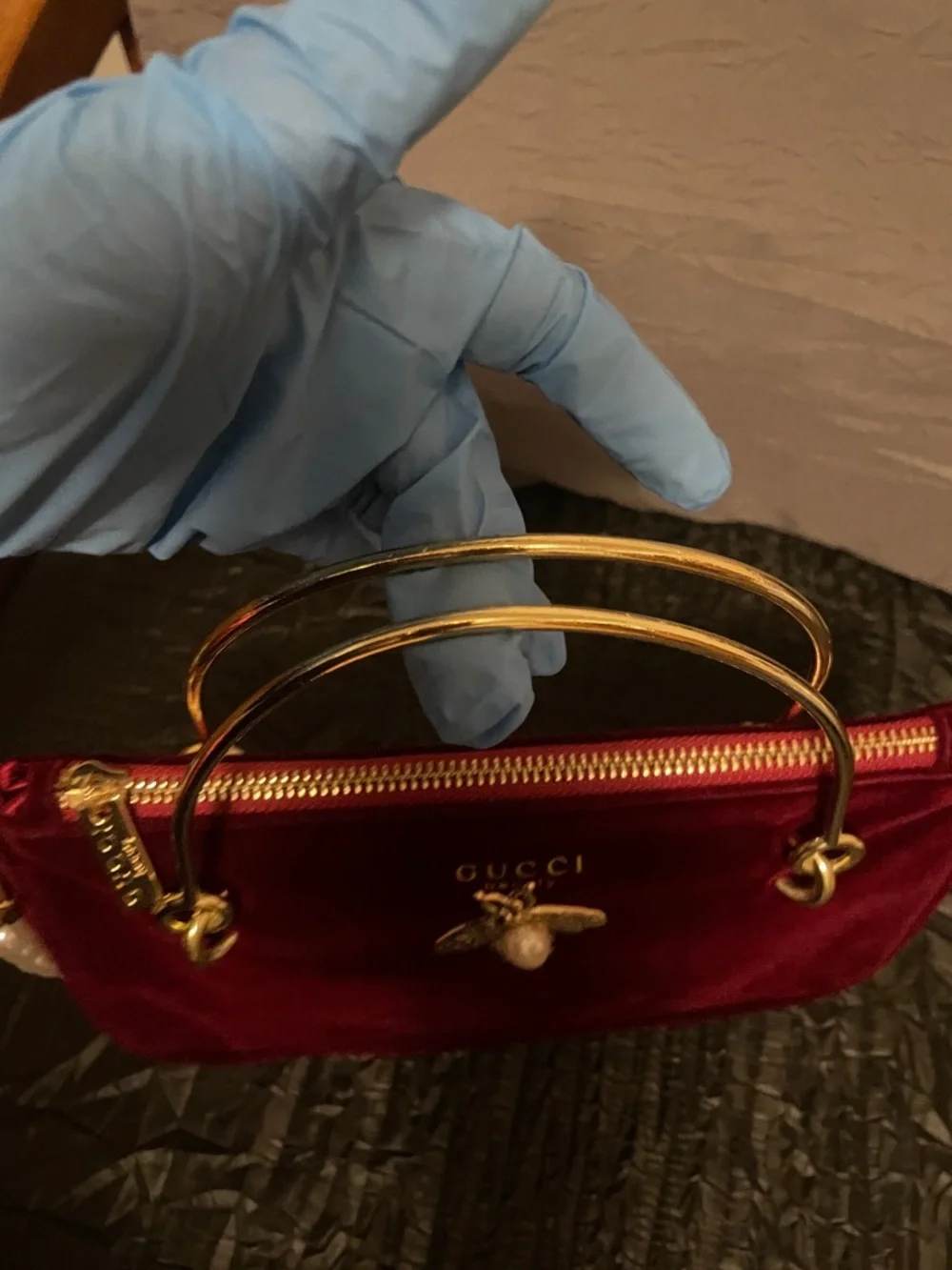 Gucci Burgundy Velvet Mini Bag with Pearl Handle and Bee Emblem - Picture 14 of 17
